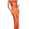 Women Summer Lightweight Satin Maxi Bodycon Dress Strapless Tube Backless Hollow Out Long Party Dress