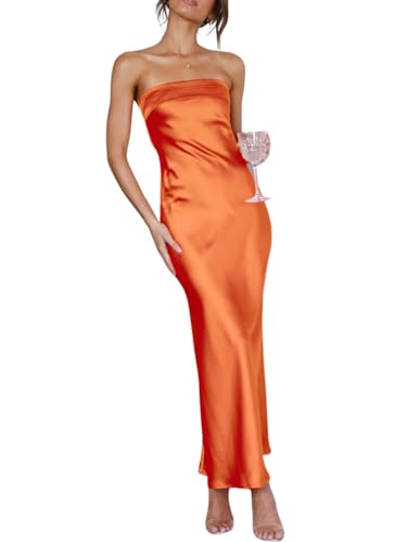 Women Summer Lightweight Satin Maxi Bodycon Dress Strapless Tube Backless Hollow Out Long Party Dress