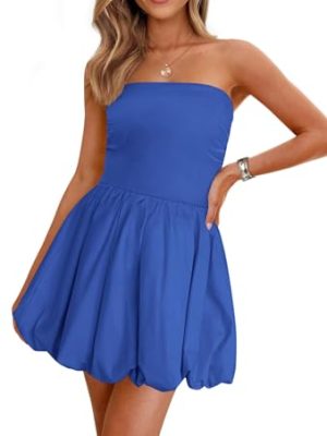 Women's Bubble Mini Short Dress 2025 Summer Casual A Line Strapless Tube Top Sundress Trendy Smocked Dresses