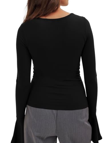 Womens Long Bell Sleeve Tops Boat Neck Going Out Fitted Shirts Trendy Casual Basic Tees