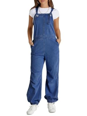 Womens Baggy Denim Overalls Loose Fit Lantern Jogger Leg Jean Jumpsuit with Pockets