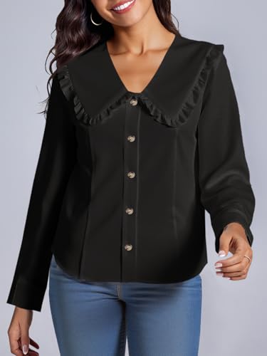 Womens Peter Pan Collar Shirts Summer Button Down Long Sleeve Tops Dressy Casual Cute Blouses Black