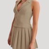 Womens Summer 2 Piece Outfits V Neck Blazer Vest Matching Sets and Mini Pleated Skirts