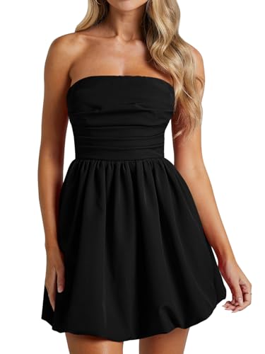 Women's Sexy Strapless Summer Mini Dress Sleeveless Smocked A Lined Bubble Wedding Club Party Dress