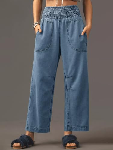 Womens Smocked Barrel Jeans Casual Trendy High Waisted Baggy Pull On Denim Pants