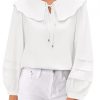 Womens Peter Pan Collar Shirts Long Puff Sleeve Cotton Blouses Trendy Casual Loose Fit Tops