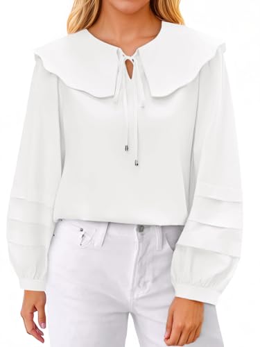 Womens Peter Pan Collar Shirts Long Puff Sleeve Cotton Blouses Trendy Casual Loose Fit Tops