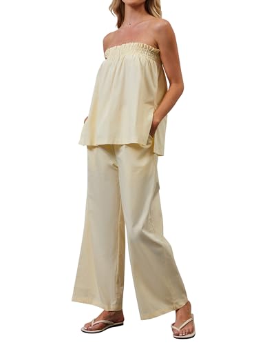Women Summer Outfits 2 Piece Set Strapless Tube Top and Wide Leg Pants lounge Set Relaxed Off Shoulder Top Pants Set