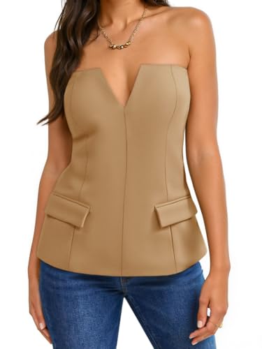 Womens Strapless Tube Tops Summer Fitted Notched Neck Blazer Vest Business Dressy Casual Suit Vest Tops