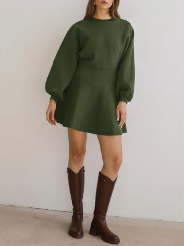 Womens Puff Long Sleeve Sweater Dresses Casual Trendy A-Line Short Mini Dress Fall High Waisted Skater Dress