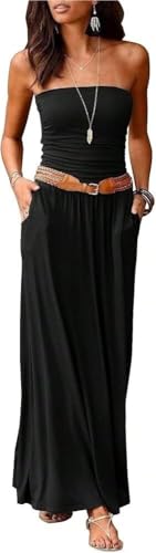 Womens Sexy High Waist A Line Solid Color Pleated Strapless Loose Summer Dress Casual