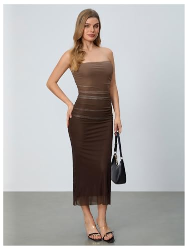 Women's Mesh Strapless Ruched Bodycon Maxi Dress Wedding Guest Prom Cocktail Summer Y2k Long Tube Dresses