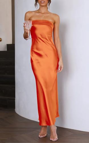 Women Summer Lightweight Satin Maxi Bodycon Dress Strapless Tube Backless Hollow Out Long Party Dress
