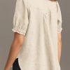 Womens Puff Short Sleeve Button Down Shirts Summer Casual Collared V Neck Blouse Linen Loose Fit Work Tops