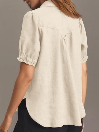 Womens Puff Short Sleeve Button Down Shirts Summer Casual Collared V Neck Blouse Linen Loose Fit Work Tops