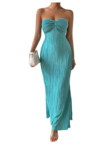 Women's Twist Front Strapless Bodycon Dress Summer Split Thigh Maxi Tube Dresses Vacation Outfits