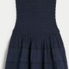 Summer Strapless Smocked Bodice Mini Dresses for Women Vacation Beach Boho Tube A-Line Dress with Pockets
