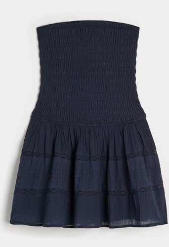 Summer Strapless Smocked Bodice Mini Dresses for Women Vacation Beach Boho Tube A-Line Dress with Pockets