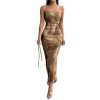 Women's Summer Dress Printed Strapless Tube Dress Bodycon Long Dress Side Slit Mesh Layered