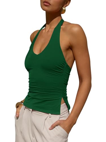 Womens Sexy Scoop Neck Halter Tops Backless Ruched Knit Tank Tops Summer Sleeveless Fitted Going Out Shirts