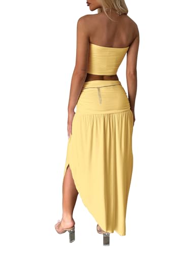 Two Piece Skirt Set for Women - 2 PC Summer Beach Vacation Outfits Going Out Strapless Tube Crop Tops Boho Maxi Skirts Sets