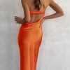 Women Summer Lightweight Satin Maxi Bodycon Dress Strapless Tube Backless Hollow Out Long Party Dress
