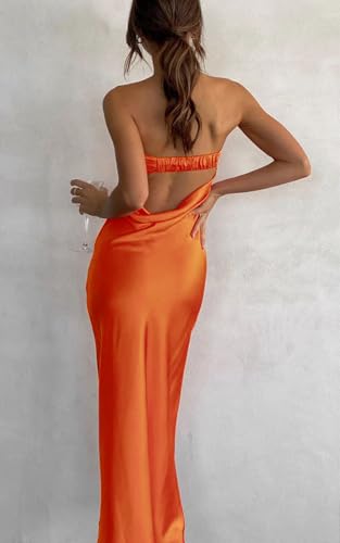 Women Summer Lightweight Satin Maxi Bodycon Dress Strapless Tube Backless Hollow Out Long Party Dress