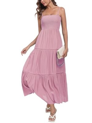 Women's Summer Maxi Dress Casual Boho Sleeveless Strapless Smocked Tiered Long Sun Dresses