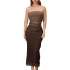 Women's Mesh Strapless Ruched Bodycon Maxi Dress Wedding Guest Prom Cocktail Summer Y2k Long Tube Dresses