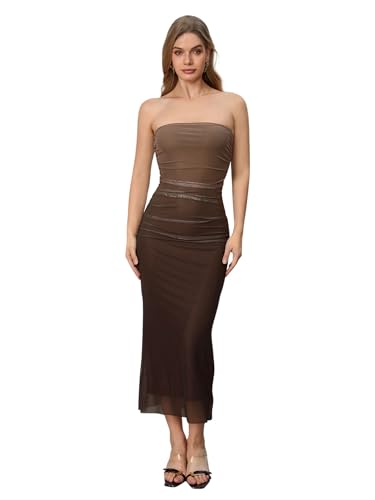Women's Mesh Strapless Ruched Bodycon Maxi Dress Wedding Guest Prom Cocktail Summer Y2k Long Tube Dresses