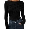 Womens Long Sleeve Pleated Tops Fall Crew Neck Fitted Shirts Y2k Going Out Casual Ruched Blouse
