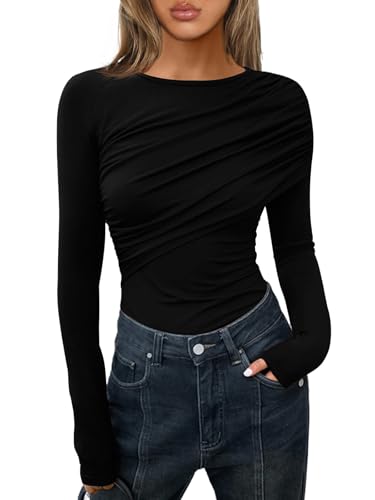 Womens Long Sleeve Pleated Tops Fall Crew Neck Fitted Shirts Y2k Going Out Casual Ruched Blouse