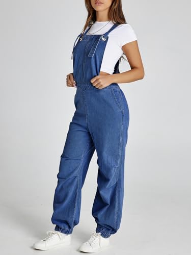 Womens Baggy Denim Overalls Loose Fit Lantern Jogger Leg Jean Jumpsuit with Pockets