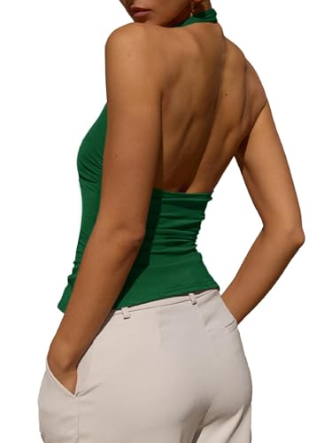 Womens Sexy Scoop Neck Halter Tops Backless Ruched Knit Tank Tops Summer Sleeveless Fitted Going Out Shirts