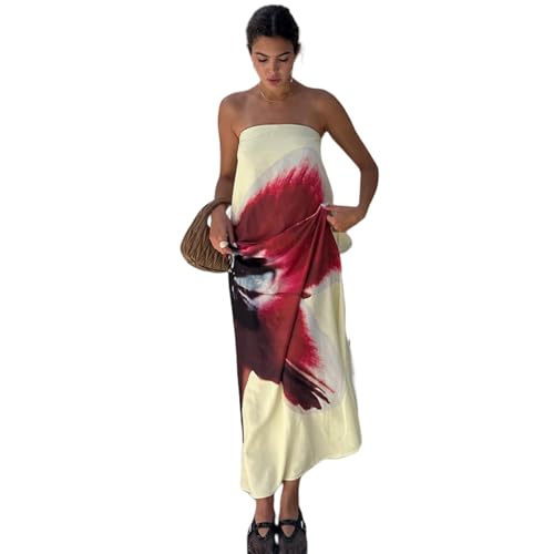 Women's Sexy Strapless Floral Print Maxi Dress Off Shoulder Back Buckle Belt Dresses for Summer Holiday Beachwear