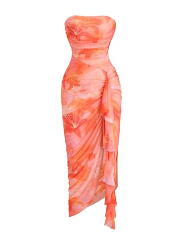 Women's Floral Print Strapless Bodycon Tube Top Dress Sleeveless Summer Wedding Guest Cocktail Sundresses