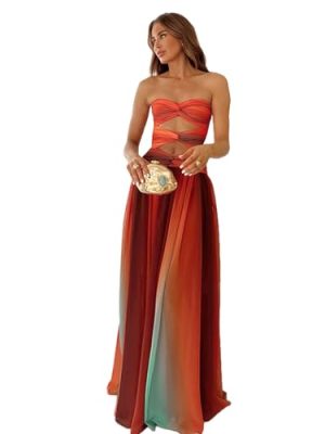 Women's Sexy Tie Dye Off Shoulder Maxi Dress Gradient Cut Out Strapless Flowy Sundress Beach Long Dresses