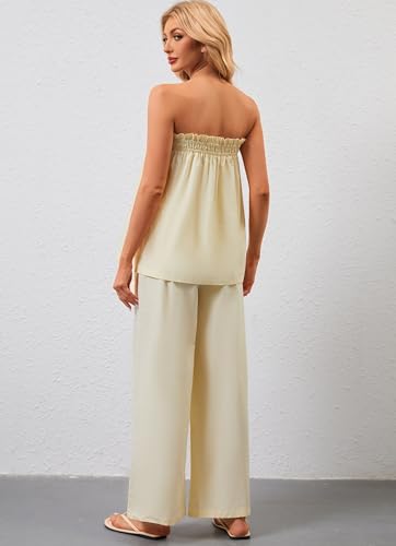 Women Summer Outfits 2 Piece Set Strapless Tube Top and Wide Leg Pants lounge Set Relaxed Off Shoulder Top Pants Set
