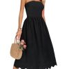 Women's Summer Strapless Dress Off Shoulder Smocked Casual A Line Eyelet Beach Wedding Guest Midi Dress