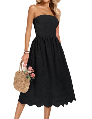Women's Summer Strapless Dress Off Shoulder Smocked Casual A Line Eyelet Beach Wedding Guest Midi Dress