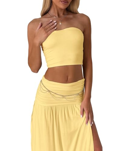 Two Piece Skirt Set for Women - 2 PC Summer Beach Vacation Outfits Going Out Strapless Tube Crop Tops Boho Maxi Skirts Sets