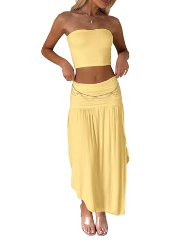 Two Piece Skirt Set for Women - 2 PC Summer Beach Vacation Outfits Going Out Strapless Tube Crop Tops Boho Maxi Skirts Sets