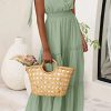 Women's Cross Neck Summer Sleeveless Tiered Maxi Dress Beach Tie Strap Smocked Long Dresses Pleated Sundress