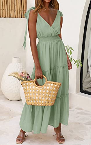 Women's Cross Neck Summer Sleeveless Tiered Maxi Dress Beach Tie Strap Smocked Long Dresses Pleated Sundress