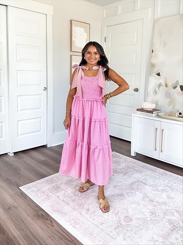Womens Summer Floral Maxi Dress Smocked Tie Shoulder Boho Sleeveless Ruffle Tiered Casual Beach Dresses