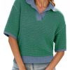 Womens Striped Cropped Sweaters Tops Color Block Short Sleeve Knit V Neck Fall Casual Pullover