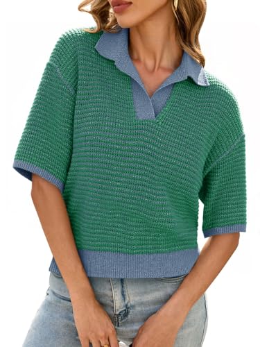 Womens Striped Cropped Sweaters Tops Color Block Short Sleeve Knit V Neck Fall Casual Pullover