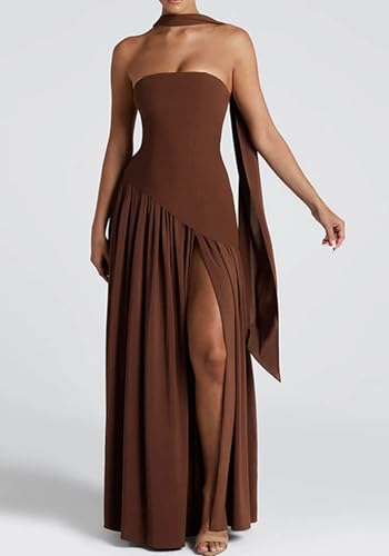 Women's Elegant Strapless Long Dress with Scarf Cocktail Wedding Guest Prom Maxi Dresses with Slit