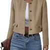 Womens Cropped Tweed Blazer Collarless Button Down Bomber Jacket Business Casual Fall Outfits
