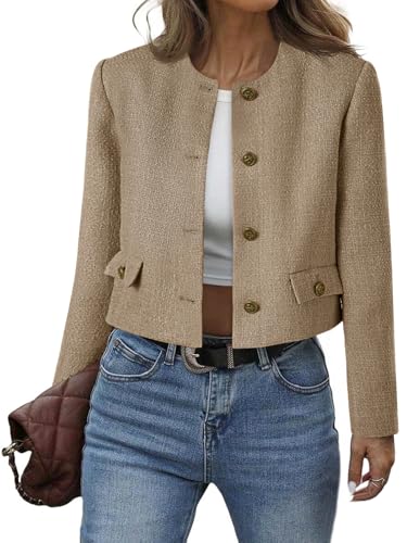 Womens Cropped Tweed Blazer Collarless Button Down Bomber Jacket Business Casual Fall Outfits